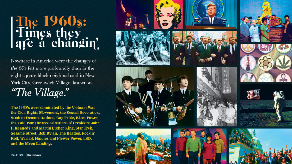 1960s pop icons including Andy Warhol, JFK, The Beatles, and Woodstock