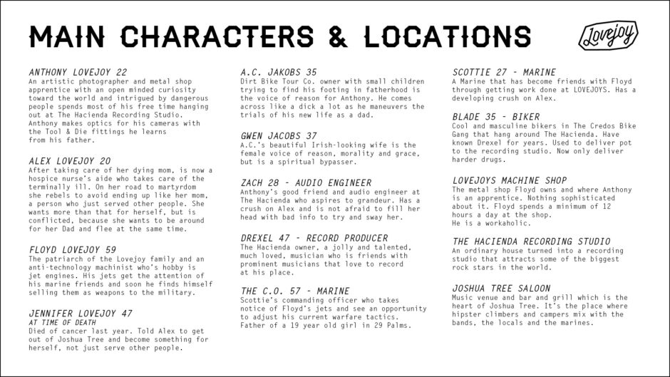 character descriptions and locations with title treatment for tv series show bible, black and white text